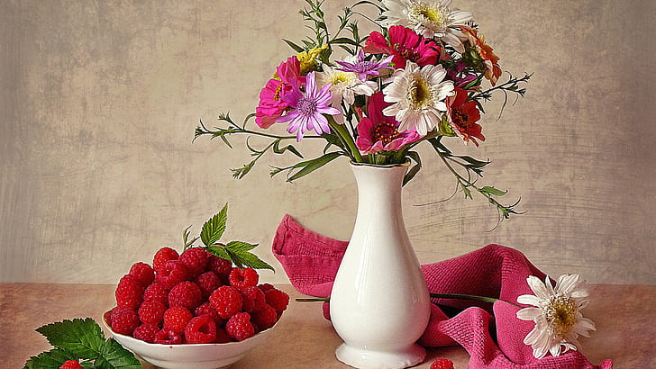 vases, raspberries, bouquets, flowers, fruit, HD wallpaper