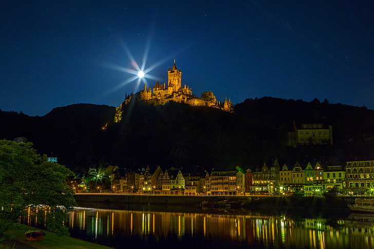 castle, cochem, germany, houses, moon, night, rivers, HD wallpaper