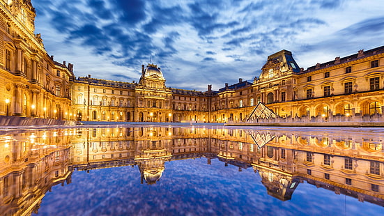 туризм, пирамида Лувра, Лувр, Франция, Париж, Европа, ЕС, вечер, облако, отражающий бассейн, отражение, дворец, площадь, город, музей, вода, туристическая достопримечательность, исторический, небо, ориентир, HD обои HD wallpaper