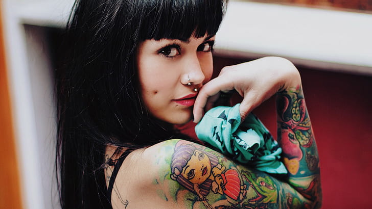 tattoo, Violetrose Suicide, pierced nose, women, Suicide Girls, HD wallpaper