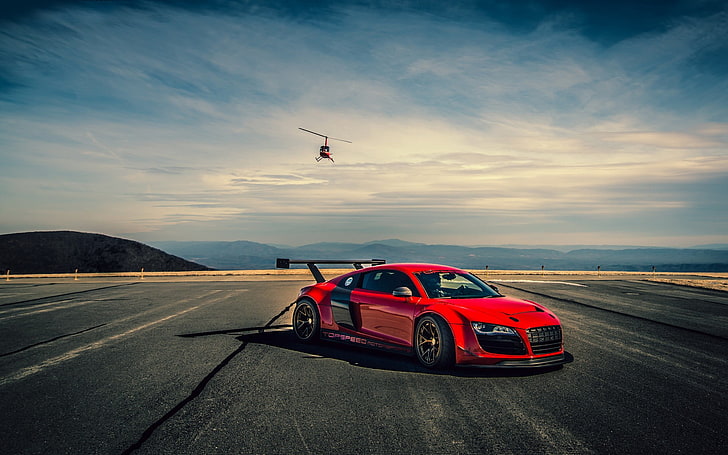 red coupe, Audi R8, helicopters, car, Audi, HD wallpaper