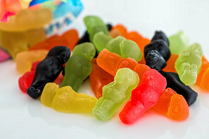 candy, chewy, colorful, colourful, gummy bears, sugar, sweet, sweets, treat, royalty  images, HD wallpaper