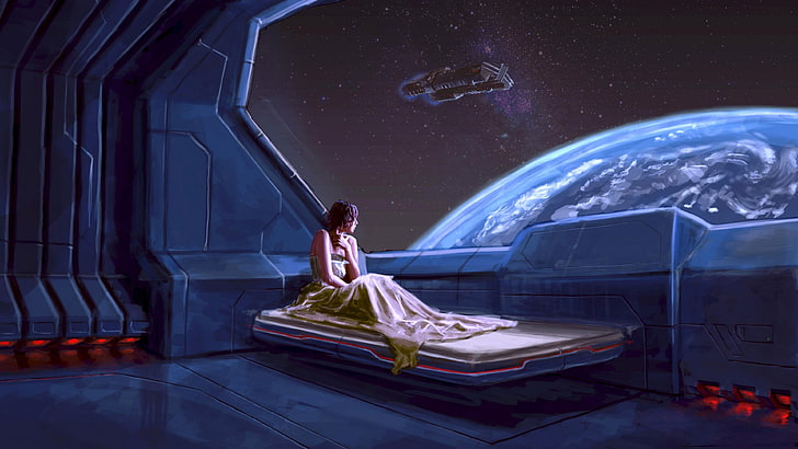 donna sul letto guardando su carta da parati digitale pianeta blu, opere d'arte, fantascienza, futuristico, pianeta, donne, letto, Sfondo HD