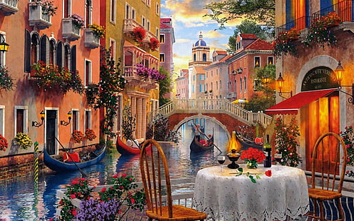 Artistic, Painting, Cafe, Canal, Gondola, Table, Venice, HD wallpaper HD wallpaper