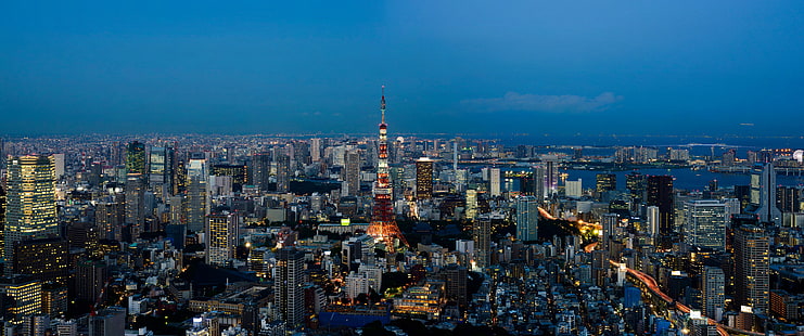 Tokyo Tower, Japan, Tokyo, Tokyo Tower, cityscape, city, city lights, dusk, HD wallpaper HD wallpaper