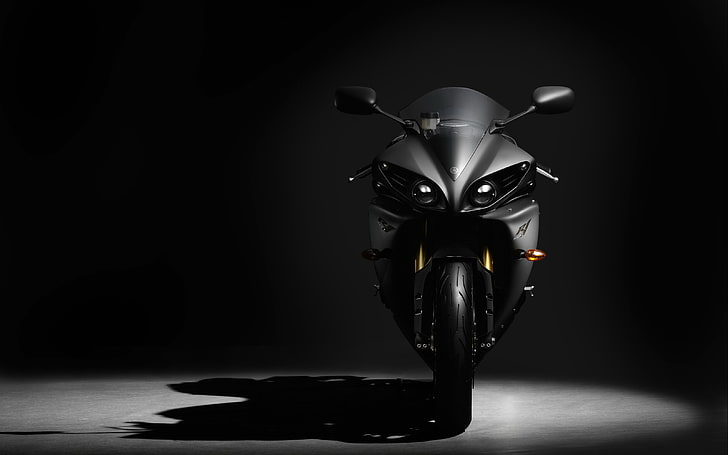 黒いオートバイ、背景、ヤマハ、sportbike、ブラック、カラー、ビュー、シャドウ、フロント、 HDデスクトップの壁紙
