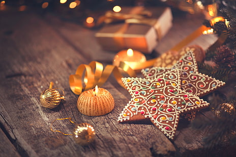 رأس السنة ، ملفات تعريف الارتباط ، الكريسماس ، الخشب ، عيد ميلاد سعيد ، الديكور ، خبز الزنجبيل، خلفية HD HD wallpaper