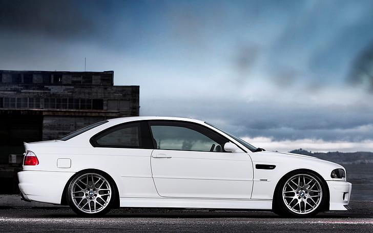 BMW M3 E46 белый автомобиль вид сбоку, белый купе BMW, белый, автомобиль, боковой, вид, HD обои