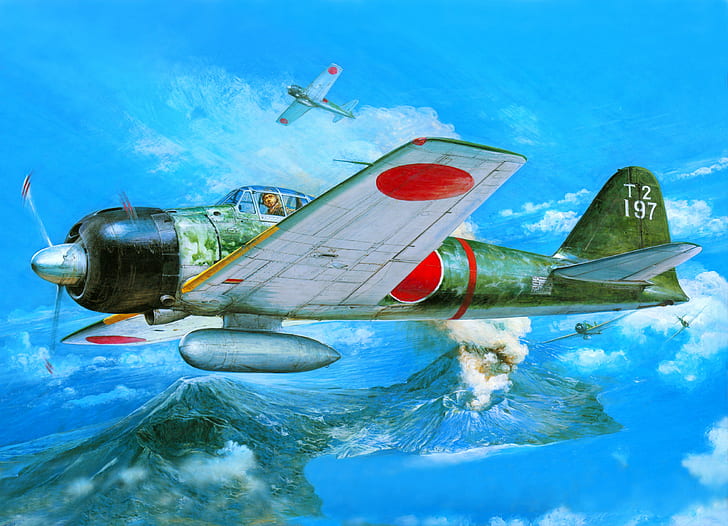 the sky, water, figure, the volcano, art, fighters, Mitsubishi, crater, Japanese, light, WW2, Zero, deck, A6M3, HD wallpaper