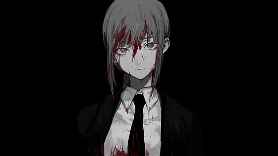  anime, anime girls, simple background, Chainsaw Man, Makima (Chainsaw Man), black background, blood, business suit, ktym777, HD wallpaper HD wallpaper