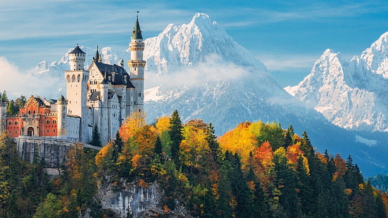 небе, Германия, Баварски Алпи, Бавария, Швангау, дърво, замък, сграда, Алпи, природа, исторически обект, планина, замък, туристическа атракция, замък Нойшванщайн, планинска верига, забележителност, HD тапет HD wallpaper