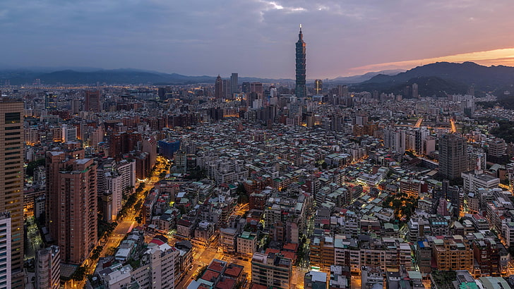 Les immeubles de grande hauteur gris, Taipei, Taipei 101, Taiwan, ville, paysage urbain, nuit, gratte-ciel, Fond d'écran HD