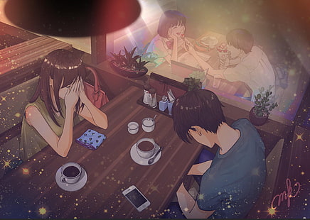 anime, couple, café, tristesse, passé, manger, ま か ろ ん Ｋ, assis, restaurant, Fond d'écran HD HD wallpaper