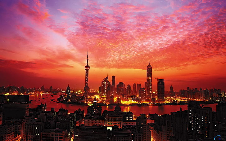 zdjęcia lotnicze miasta podczas złotej godziny, miasta, miasta, miasta, Szanghaju, zachodu słońca, wieżowca, Tapety HD