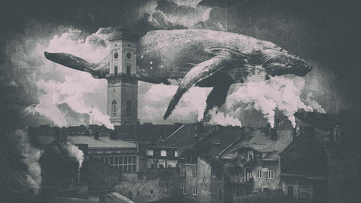 whale and houses greyscale illustration, whale, city, smoke, steampunk, flying, Lviv, monochrome, HD wallpaper