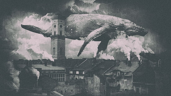 ilustrasi paus dan rumah skala abu-abu, paus, kota, asap, steampunk, penerbangan, Lviv, satu warna, Wallpaper HD HD wallpaper