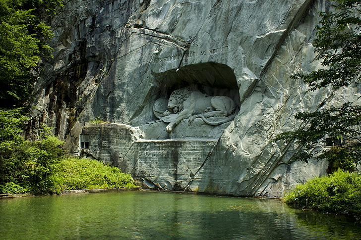 white lion statue, rock, pond, Park, Leo, Switzerland, sculpture, Lucerne, HD wallpaper