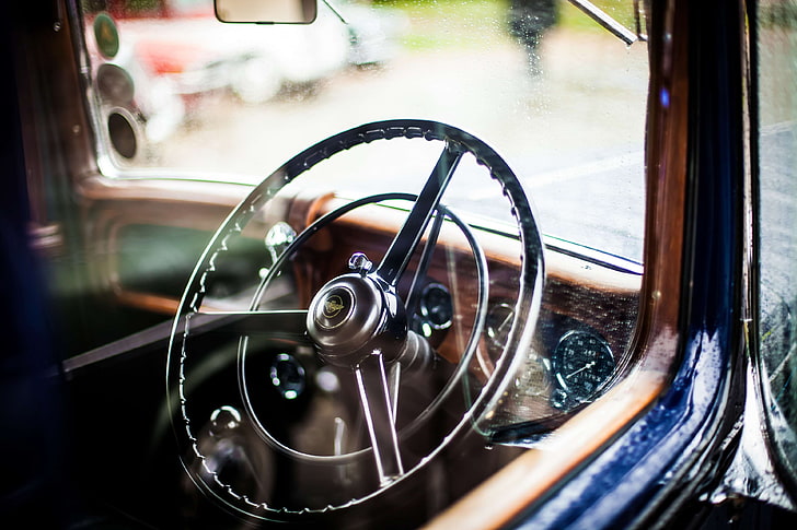 car, classic car, dashboard, steering wheel, windshield, HD wallpaper