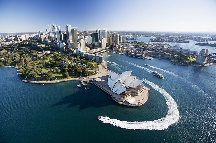 бял и черен моторолер, Австралия, Сидни, опера в Сидни, архитектура, сграда, вода, модерна, HD тапет