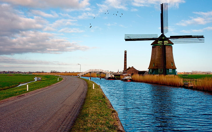brown and black windmill, mill, river, road, landscape, netherlands, HD wallpaper