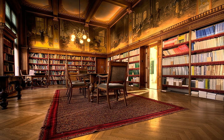 libros, estantería, marrón, sillas, interiores, interiores, biblioteca, sala, alfombras, Fondo de pantalla HD