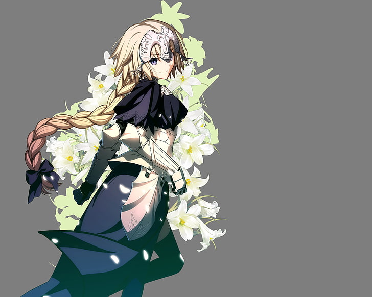 apocrypha, armor, blonde, braids, d 039 arc, fate, flowers, hair, jeanne, long, night, stay, takashi, takeuchi, transparent, vector, HD wallpaper