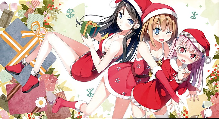 tiga karakter anime wanita yang mengenakan ilustrasi kostum Santa Claus, Miyaguchi Hiromi, Miyaguchi Kanna, Miyaguchi Kei, Natal, Afterschool tahun ke-5, Wallpaper HD