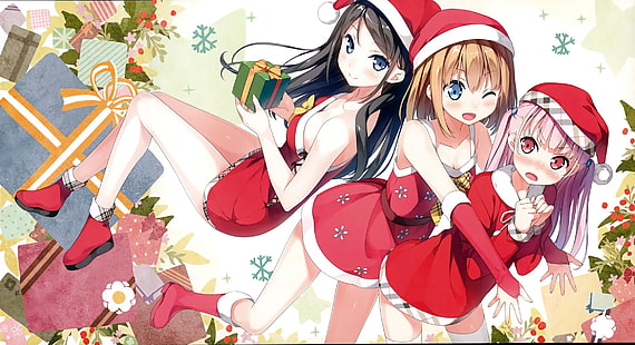 три героини аниме в костюмах Санта-Клауса, Миягучи Хироми, Миягучи Канна, Миягучи Кей, Рождество, послешкольная программа 5-го курса, HD обои HD wallpaper