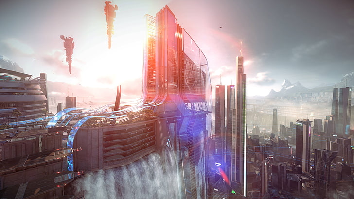 sfondo del gioco, città, rendering, Killzone, Killzone: Shadow Fall, fantascienza, paesaggio urbano, futuristico, cascata, Sfondo HD