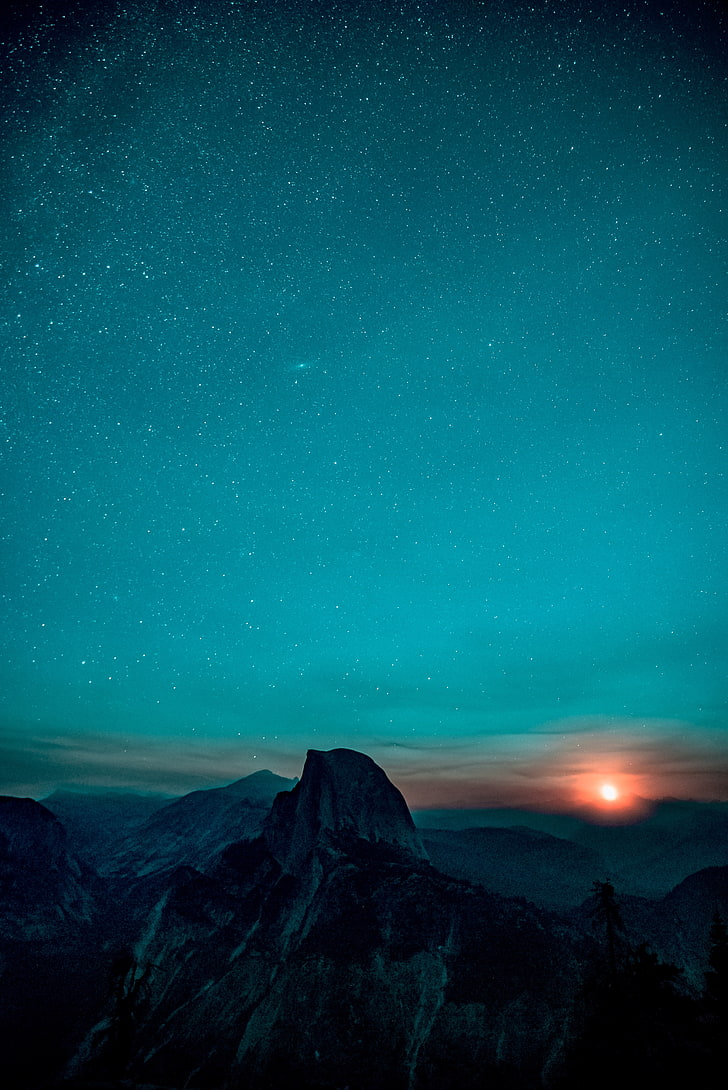 พระอาทิตย์ตก, ธรรมชาติ, ภูเขา, คืนเต็มไปด้วยดวงดาว, Half Dome, วอลล์เปเปอร์ HD, วอลเปเปอร์โทรศัพท์