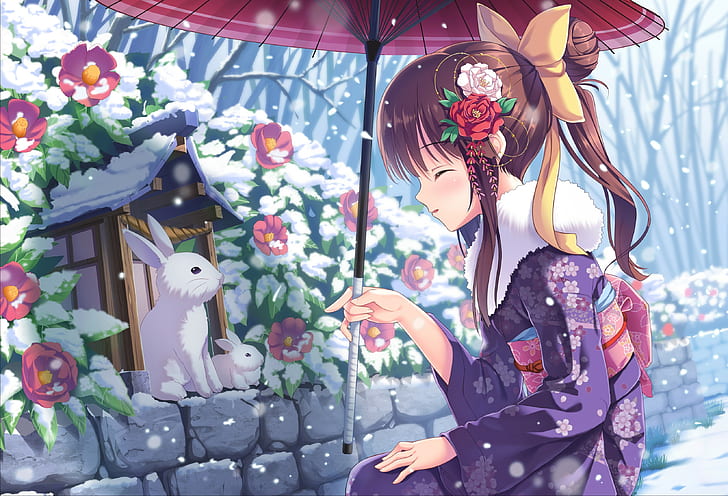 Anime Girls, Japanese Umbrella, Rabbits, Snow, Flowers, Kimono, anime girls, japanese umbrella, rabbits, snow, flowers, kimono, 3304x2253, HD wallpaper