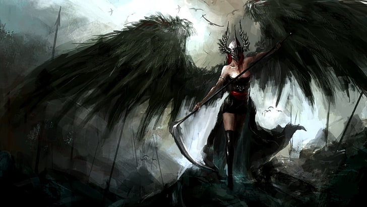 ángel negro con ilustración de guadaña, alas, guadaña, oscuro, lanza, casco, arte de fantasía, fantasía oscura, Fondo de pantalla HD