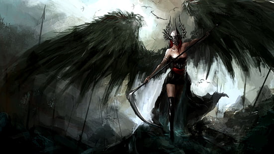 черный ангел с косой иллюстрации, крылья, коса, темнота, копье, шлем, фэнтези-арт, темная фантазия, HD обои HD wallpaper