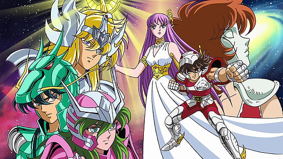 Anime, Saint Seiya, Andromeda Shun, Athena (Saint Seiya), Cygnus Hyoga, Dragon Shiryu, Pegasus Seiya, Tapety HD HD wallpaper