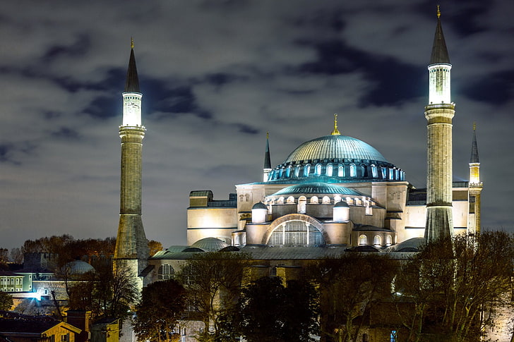 Mosquées, Hagia Sophia, architecture, dôme, istanbul, mosquée, nuit, turquie, Fond d'écran HD