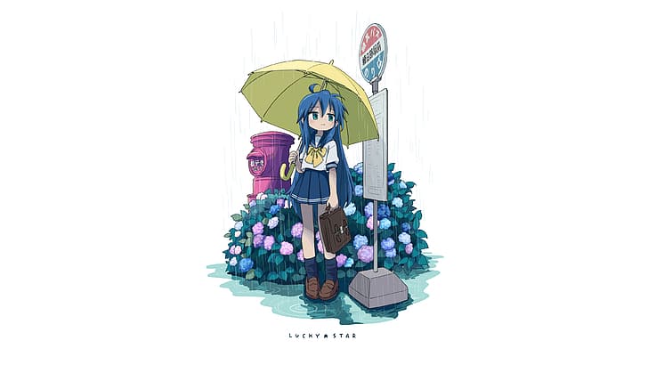 Lucky Star, Izumi Konata, niebieskie włosy, anime, dziewczyny z anime, deszcz, parasol, kwiaty, przystanek autobusowy, białe tło, Tapety HD