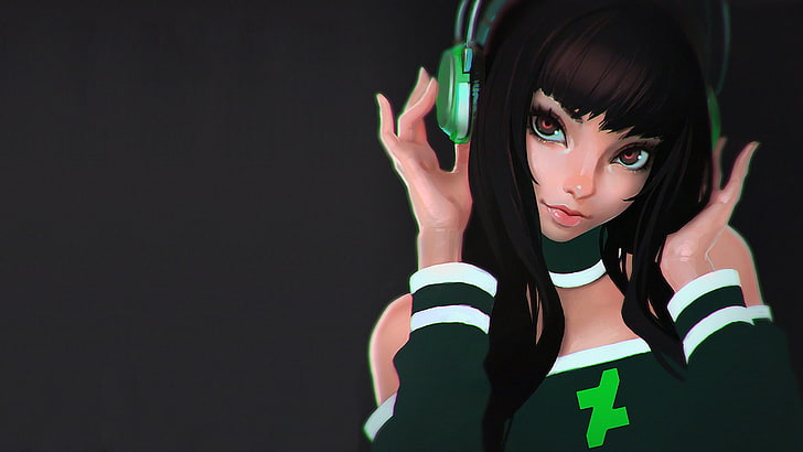 момиче, облечено в зелено-бяла илюстрация отгоре на рамото, Иля Кувшинов, рисунка, слушалки, DeviantArt, HD тапет