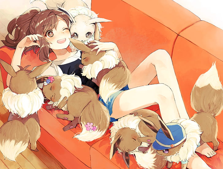 anime, anime girls, couch, in sofa, legs, brunette, Pokémon, Eevee, HD wallpaper