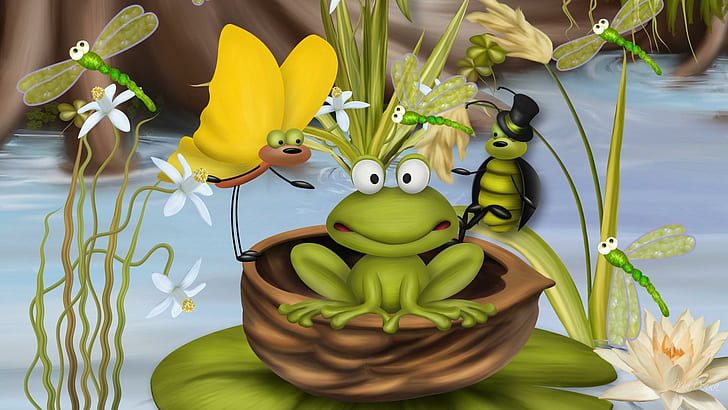 Bug Frog, frog, grass, pond, butterfly, whimsical, spring, dragonfly, summer, lily, animals, HD wallpaper