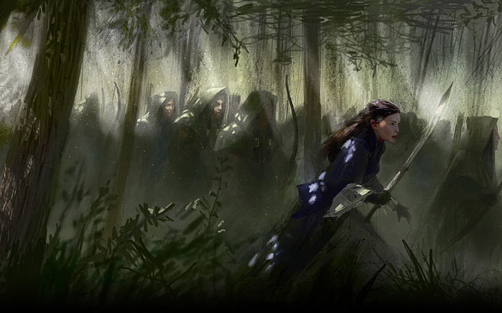 wanita memegang ilustrasi potret pedang, hutan, gadis, pedang, busur, seni, elf, tudung, jubah, Penguasa Cincin, Arwen, pemanah, Pertempuran untuk Middle-earth II, Wallpaper HD