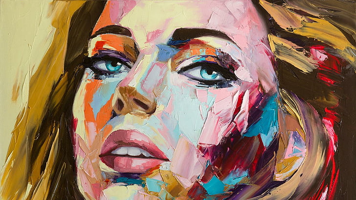 pintura, óleos, mulher, menina, sensual, bonita, pintado, rosto, cabeça, loiro, olhos azuis, projeto, HD papel de parede