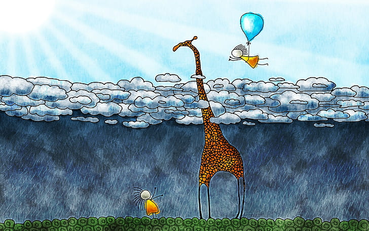 animals, artwork, balloons, children, clouds, drawing, Flying, Giraffes, nature, rain, sun, Sun Rays, Vladstudio, HD wallpaper