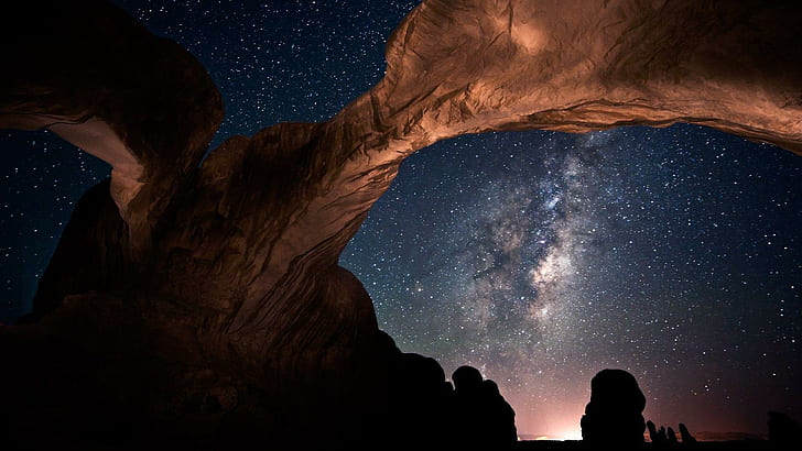 Milky Way above Double Arch, arch canyon under sky with stars illustration, nature, 1920x1080, star, utah, milky way, arch national park, grand, HD wallpaper