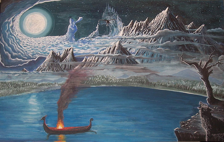 painting, norse, mythology, mountains, boat, fire, HD wallpaper