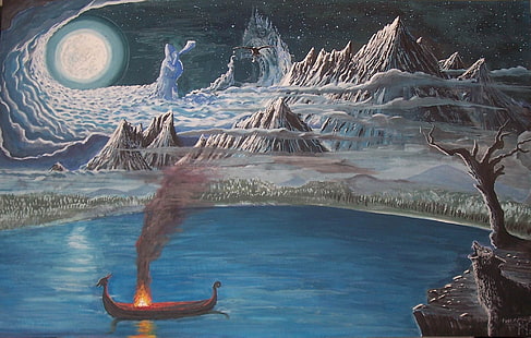 painting, norse, mythology, mountains, boat, fire, HD wallpaper HD wallpaper
