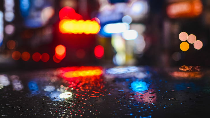 bokeh, bokeh lights, raindrops, rainy day, rain, city lights, HD wallpaper