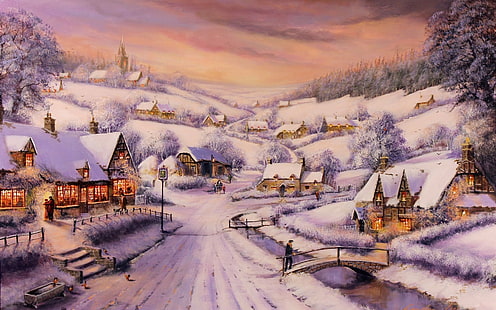 Painting, winter, snow, houses, road, trees, people, Painting, Winter, Snow, Houses, Road, Trees, People, HD wallpaper HD wallpaper