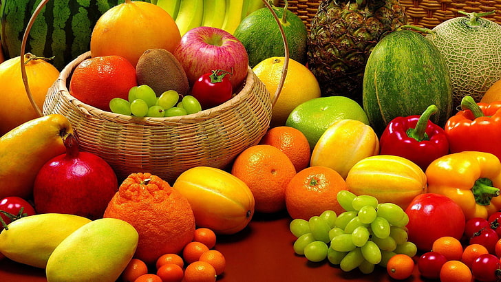 果物、ブドウ、オレンジ（果物）、バスケット、パイナップル、ピーマン、トマト、 HDデスクトップの壁紙