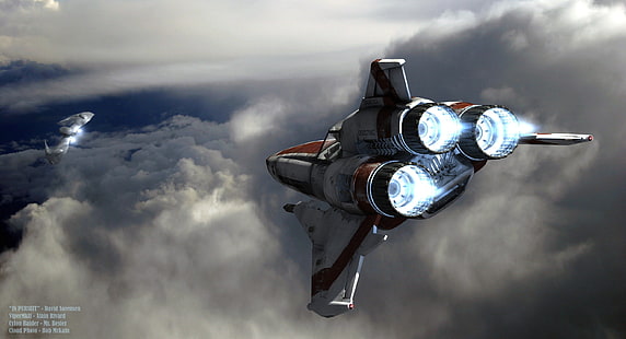sfondo dell'aereo da caccia bianco e arancione, Battlestar Galactica, astronave, arte digitale, fantascienza, spazio, Cylons, futuristico, nuvole, cielo, Sfondo HD HD wallpaper