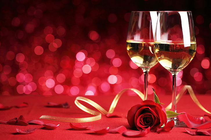 two clear wine glasses, romance, rose, glasses, flowers, romantic, Valentine`s day, Valentine's day, HD wallpaper